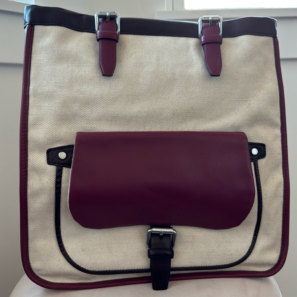 Chic Longchamp Balzane Canvas Tote With Purple And Cream Calfskin Trim